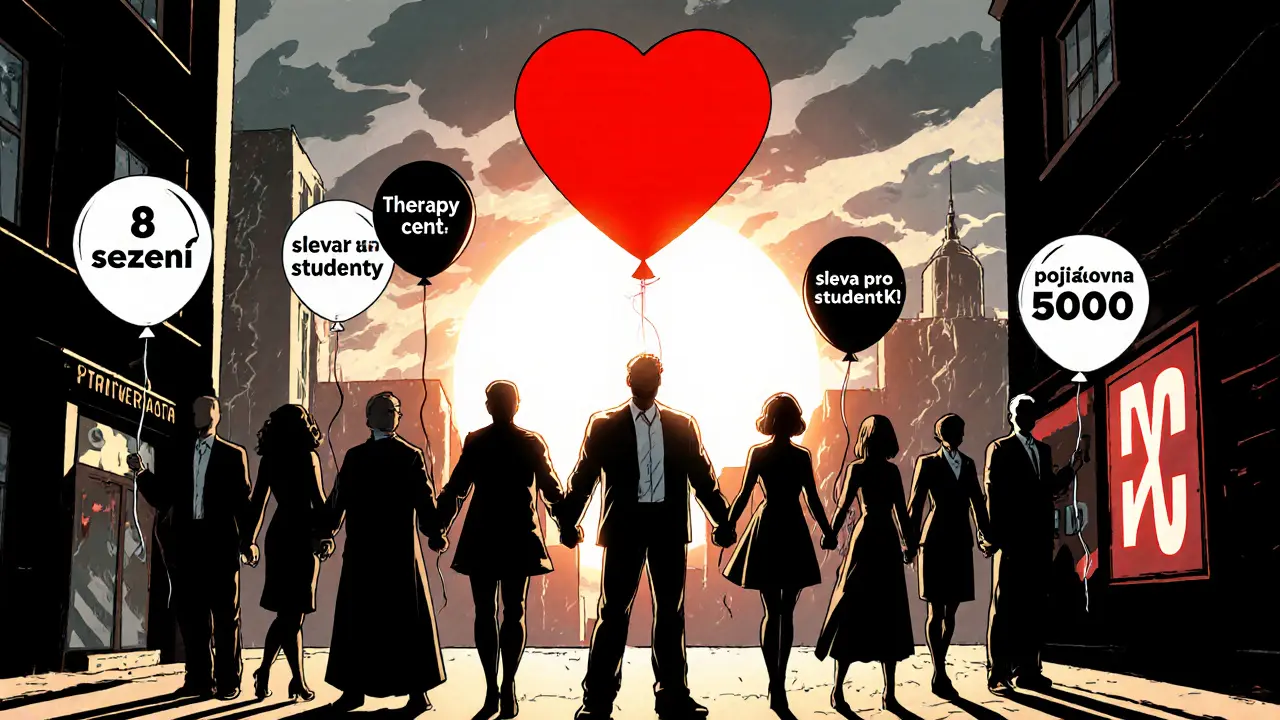 Různí lidé drží ruce v kruhu před terapeutickým centrem, nad nimi svítí červené srdce.