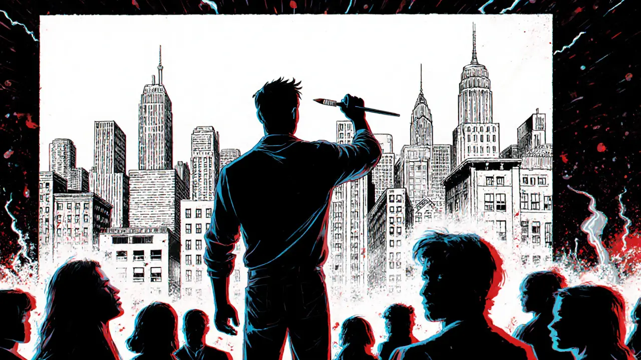 Savant kreslí detailní město z paměti, zatímco kolem něj jsou nejasné postavy.