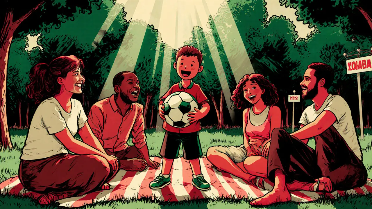 Skupina lidí na pikniku v parku, kde chlapec s autistickým spektrem drží fotbalový míč jako kapitán týmu.