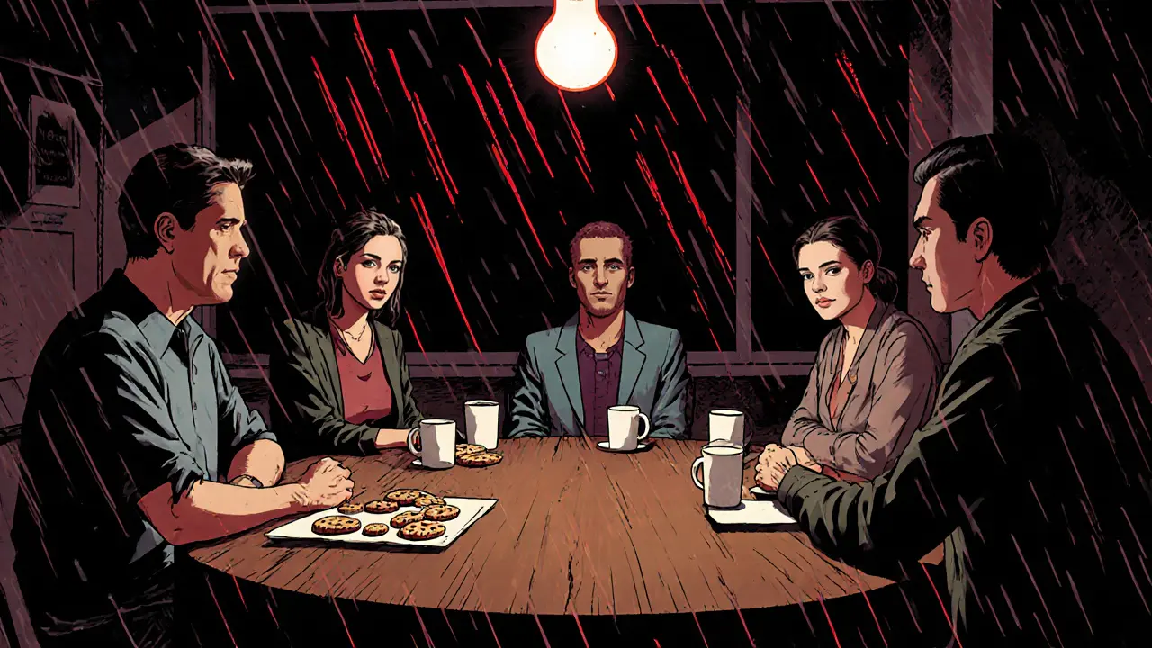 Skupina lidí v kruhu na setkání podpory, káva a cookies na stole, temné stíny a dešťové okno.