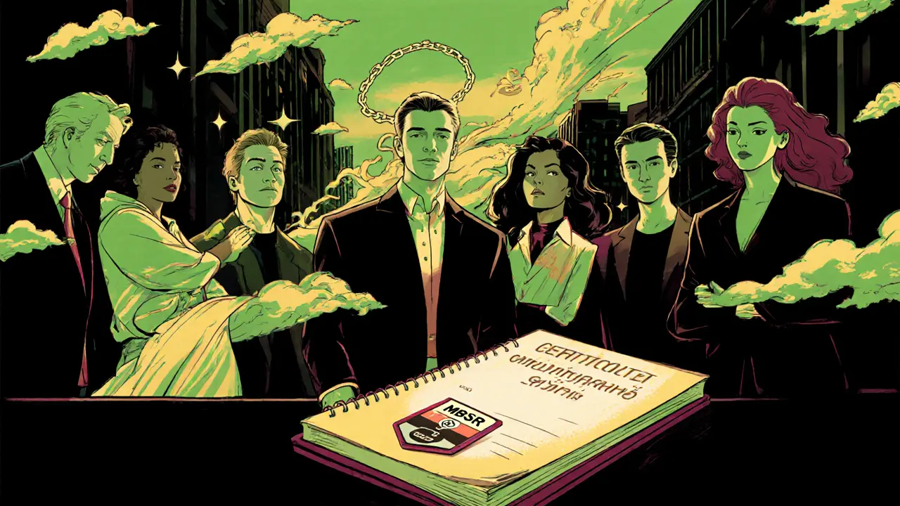 Skupina lidí v Praze na kurzu mindfulness, kolem nich se rozpouštějí temné řetězy a mraky.