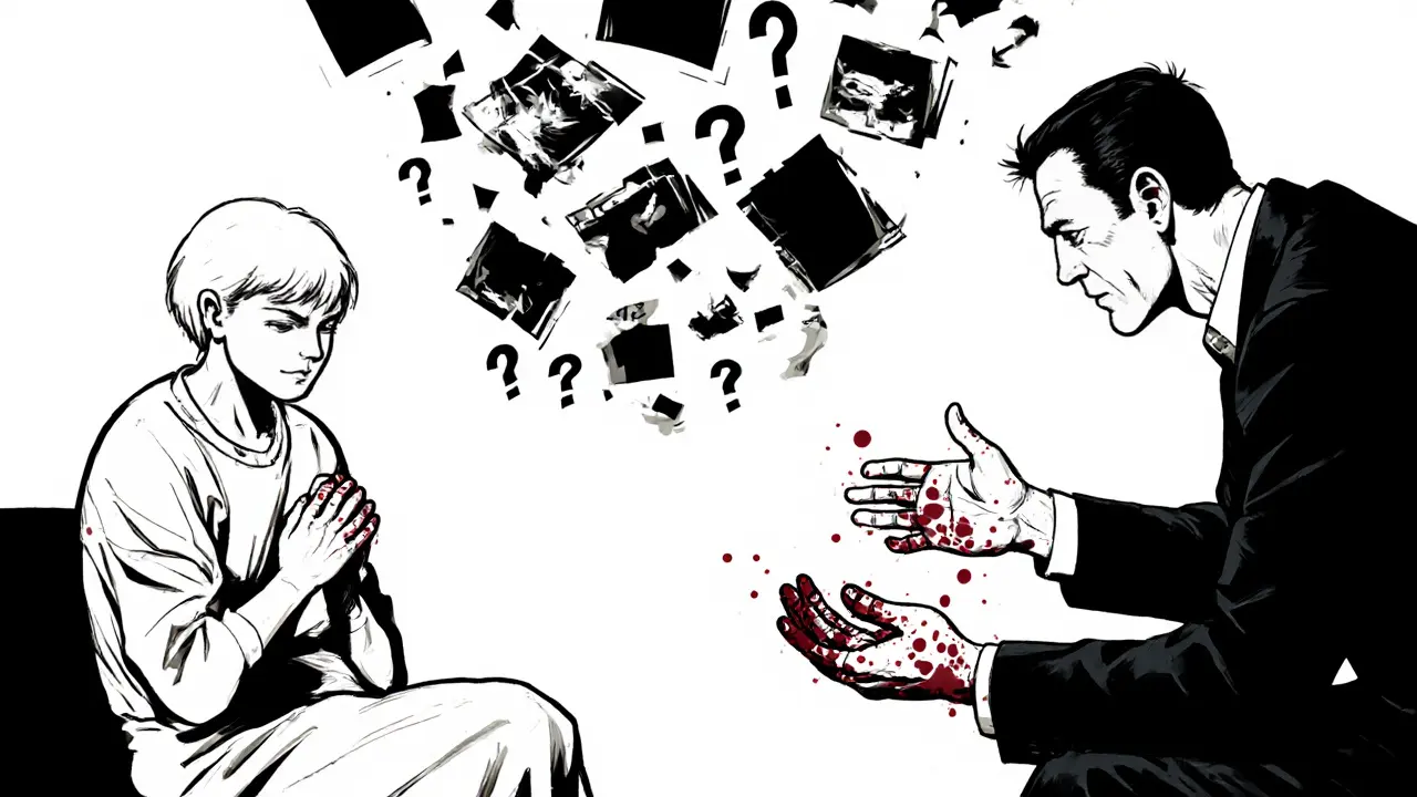 Terapeut a klient sedí proti sobě, mezi nimi visí otázky a vzpomínky jako duchovní kouř.