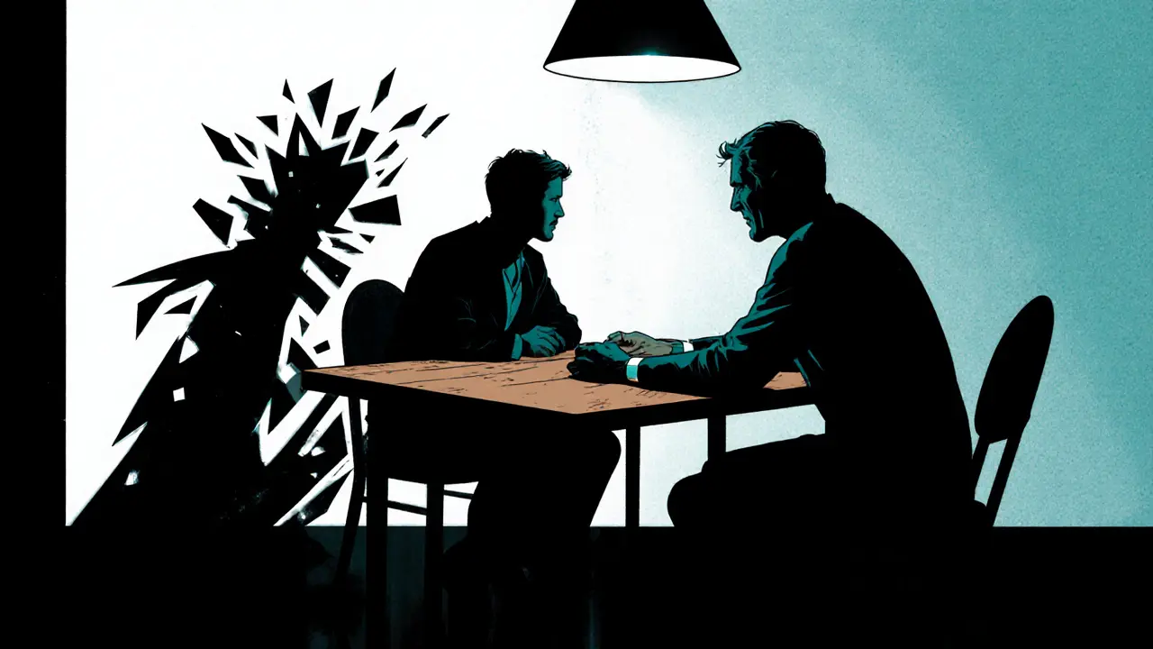 Terapeut a pacient sedí u stolu, jejich stíny odrazují chaos a stabilitu.