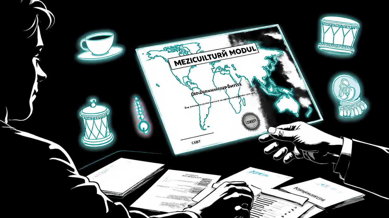 Terapeut drží certifikát o mezikulturní terapii, kolem něj plavou kulturní symboly.