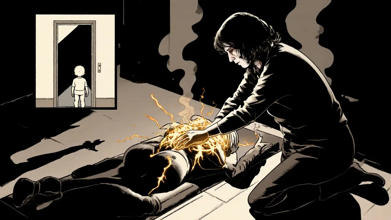 Terapeut pomáhá pacientce uvolnit napětí v těle, zviditelněné jako světelné vlny, v noirem stylu s dýmajícími stíny.