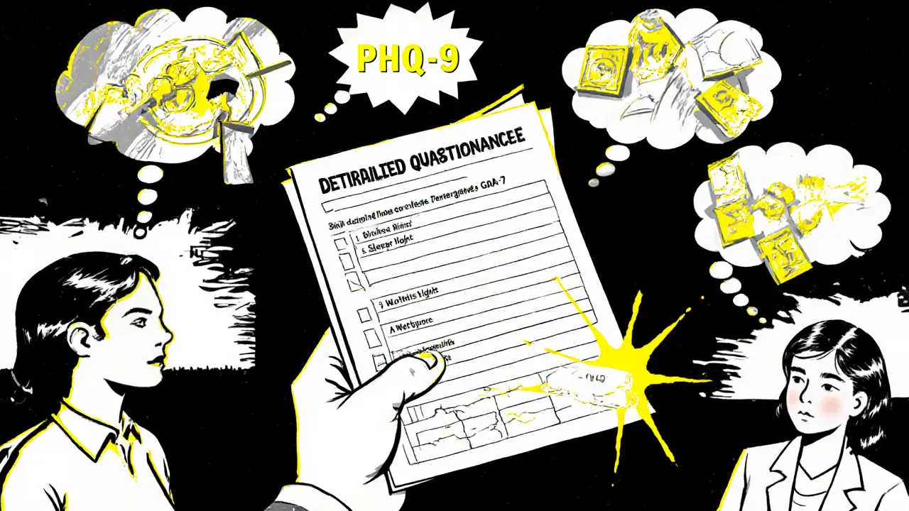 Terapeut pracuje s diagnostickými dotazníky, nad hlavou klienta se objevují fragmenty jeho vzpomínek.