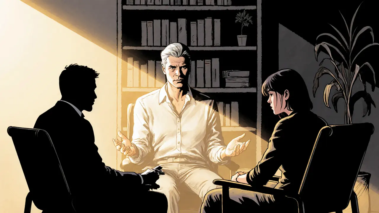 Terapeut sedí mezi dvojicí v terapeutické místnosti, jeden mluví s otevřenými rukama, druhý pláče.