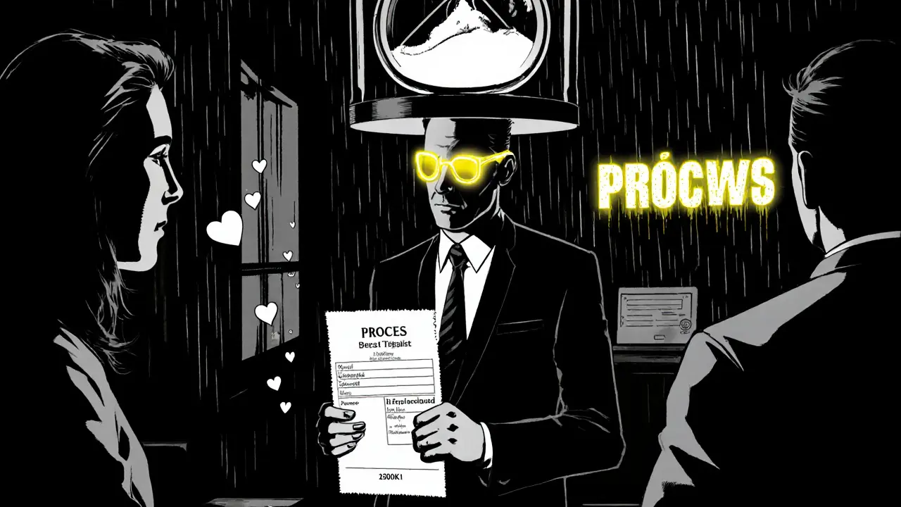 Terapeut stojí mezi klienty, nad nimi přesýpací hodiny tvaru srdcí a text &#039;PROCES, NE LÉK&#039;.