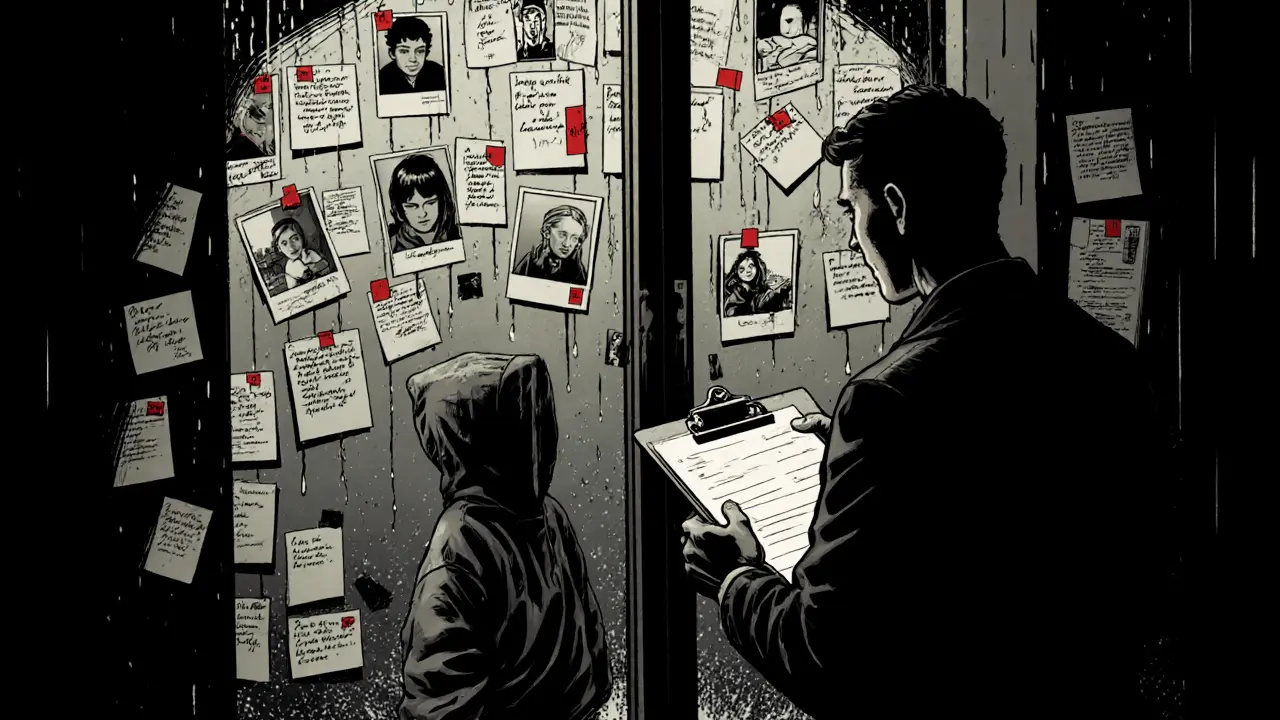 Terapeut stojí před stěnou s obrázky komunikace, venku dítě ukazuje na obrázek.