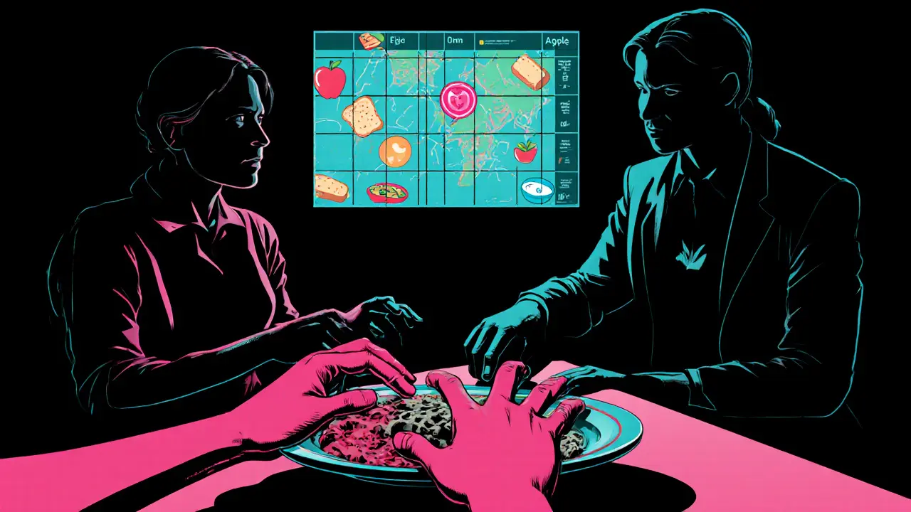 Terapeutická schůzka s plánem jídel, který visí nad stolem jako zářivá mapa s ikonami jídel.