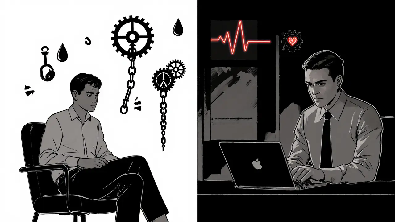 Therapist appearing in two panels, connecting in-person and online clients with emotional symbols floating nearby.