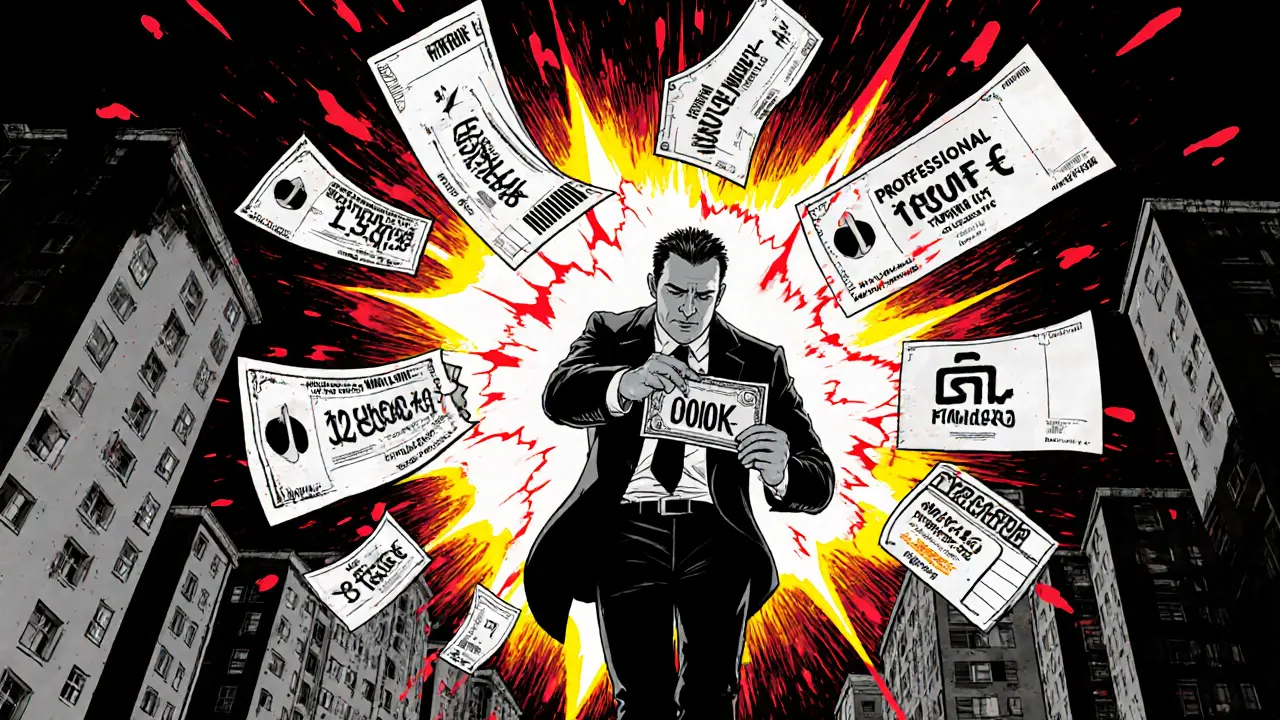 Therapist holding a single banknote as monthly expenses explode around him in a noir Prague setting.