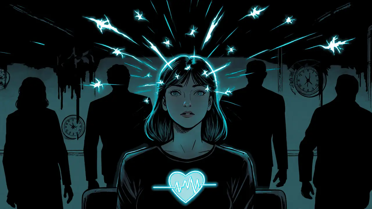 Travma pacient s EMDR světelnými stopami a tělesným pulzem, zatímco ostatní terapeuti jsou stínové postavy.