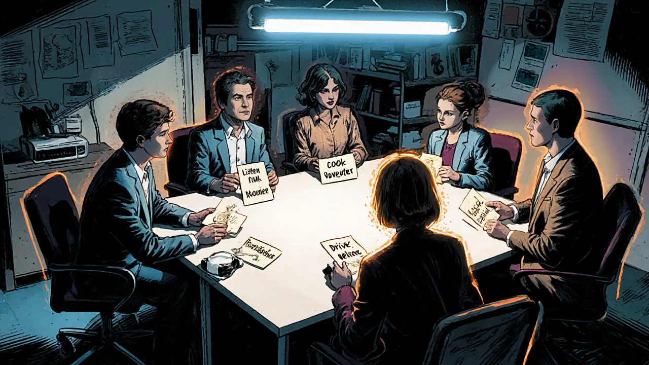 Tři facilitátoři vedou setkání s rodinou a odborníky v kanceláři, každý drží karetní značku své role.