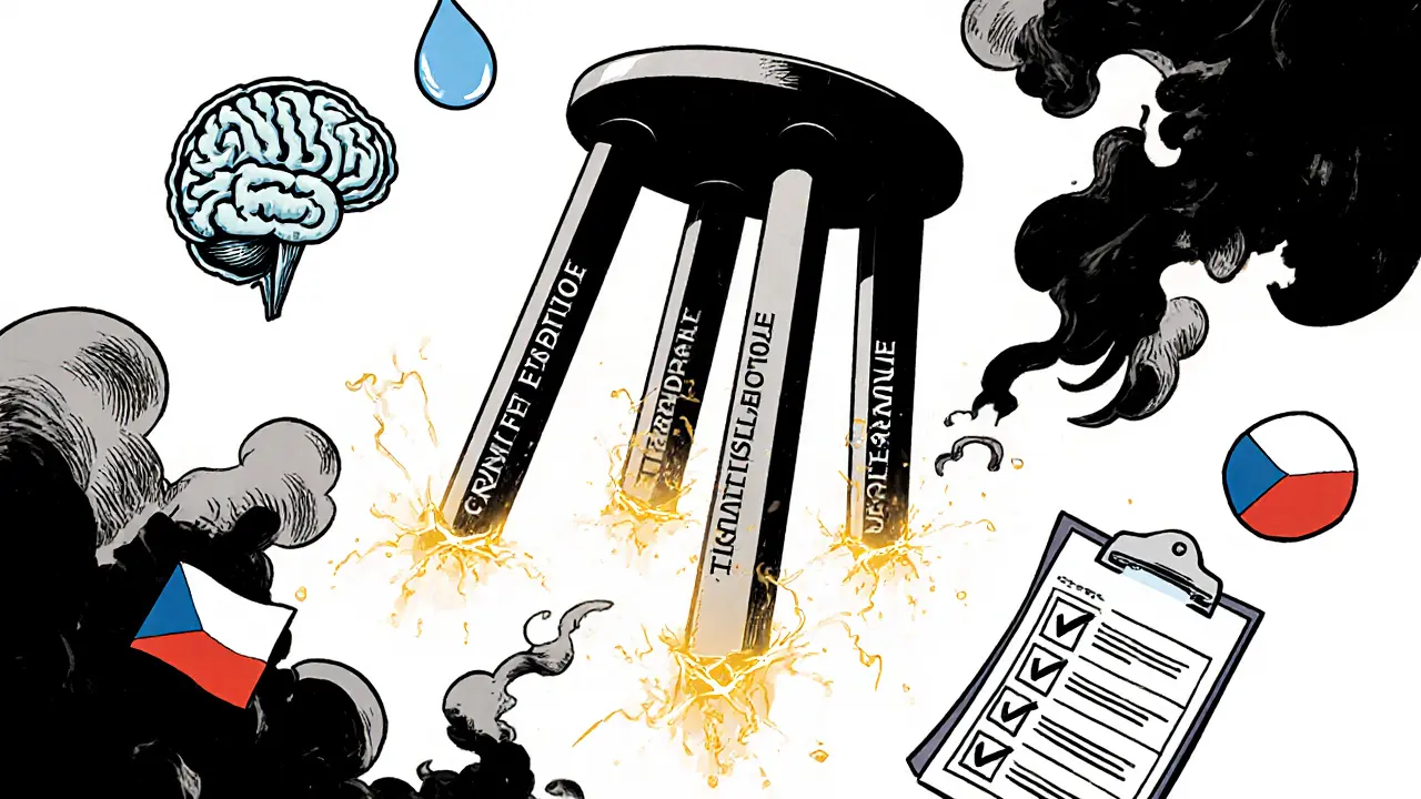 Třínohá židle s třemi pilíři terapie, jeden se rozbíjí, noir komiksový styl.