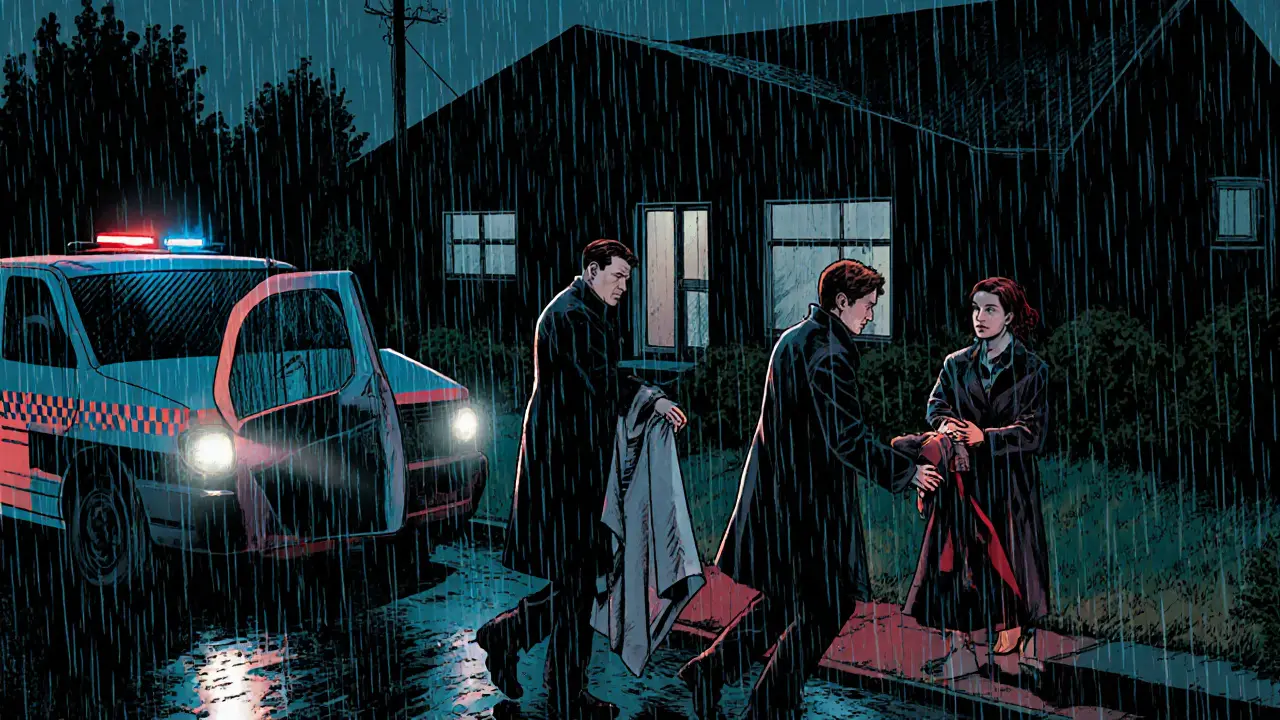 Tým krizového centra přijíždí na místo násilí pod blikajícími modrými světly.