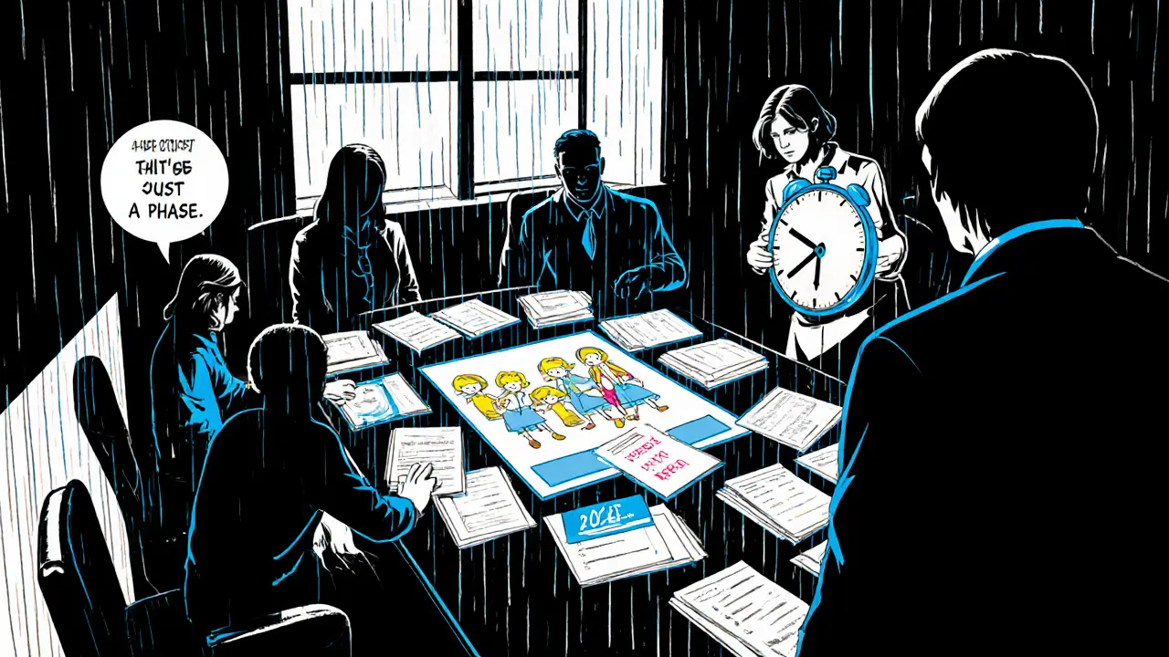 Tým odborníků zkoumá dítěti kresbu bez tváří, v pozadí dešťové proužky a přerušený hodiny.