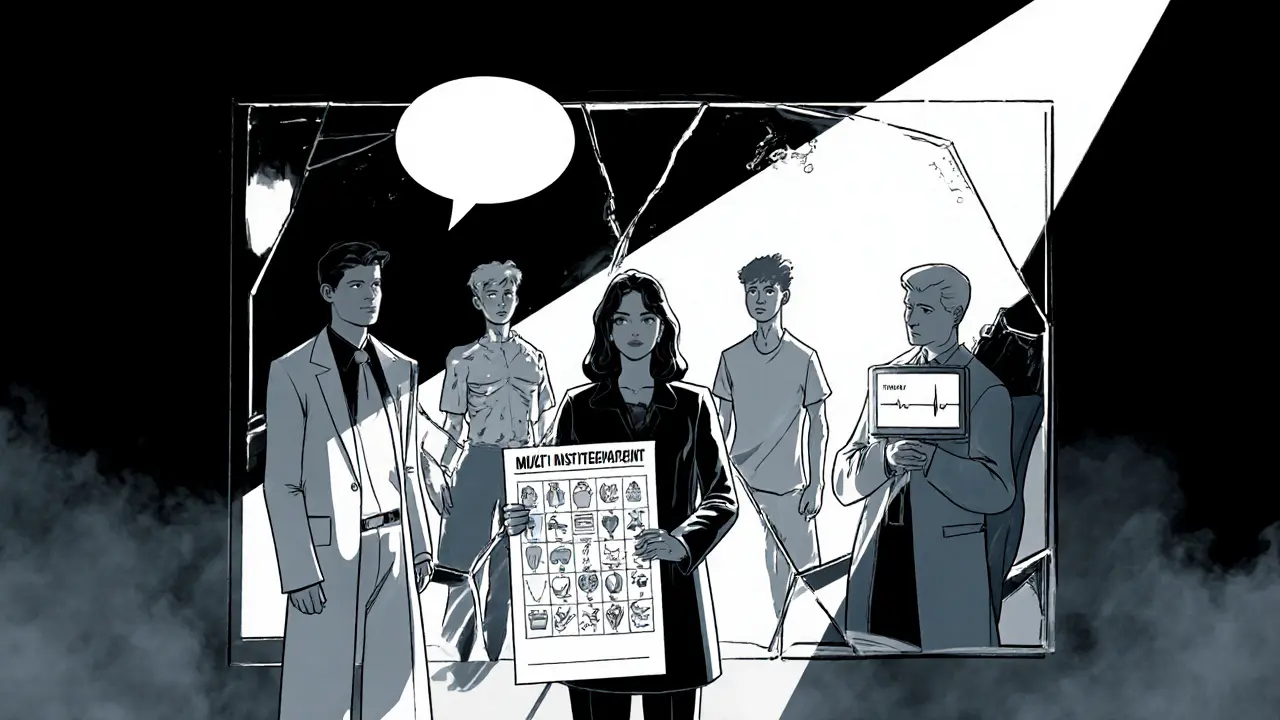 Tým specialistů na PPP: psychoterapeut, výživový terapeut a psychiatr společně léčí pacienta v klinice.