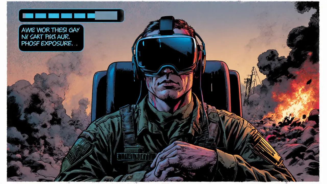 Voják ve VR headsetu zažívá bojovou scénu, zatímco jeho reálné ruce drží židli, slzy na tváři v noir stylu.