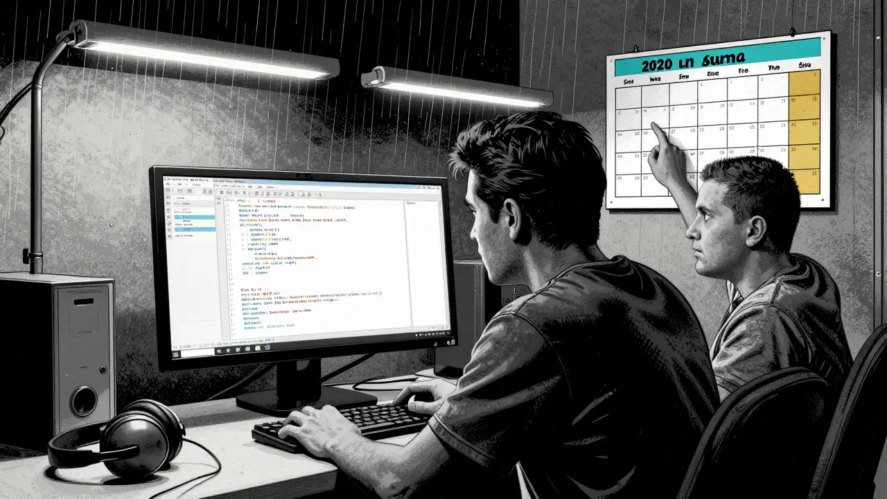 Asistent a zaměstnanec s autismem společně pracují u počítače, na zdi je vizuální kalendář a upravené osvětlení.