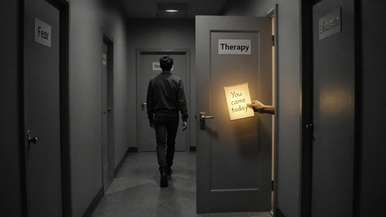 Chodba s dveřmi označenými emocemi, člověk odchází, ale dveře se otevírají znovu s poznámkou &#039;Přišel jsi dnes&#039;.