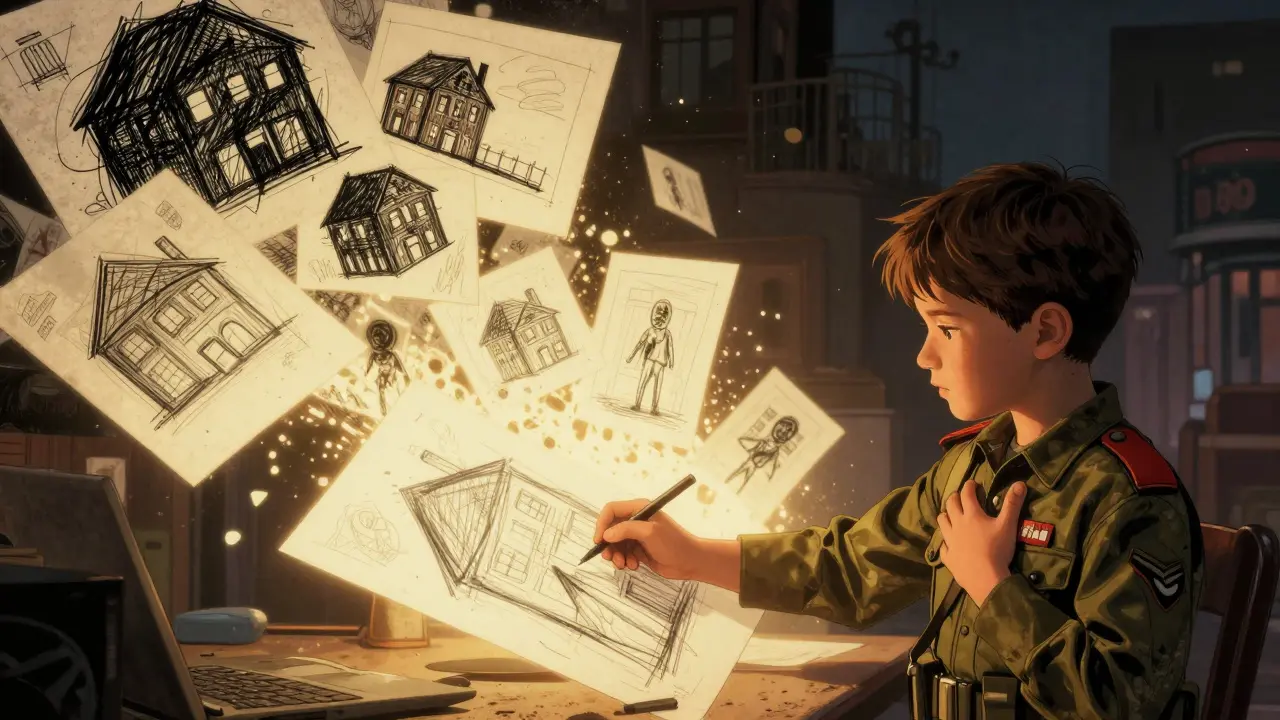 Dítě kreslí vojáka s rukou na srdci, starší kresby se mění ve světlo.