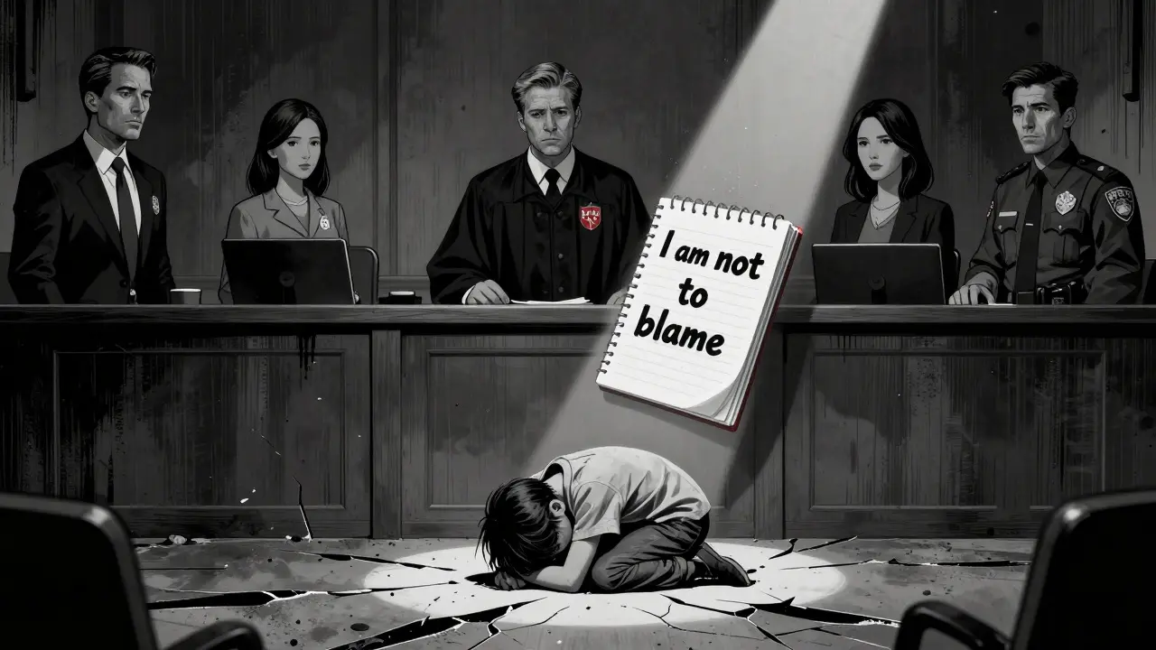 Dítě na zemi v soudní síni, kolem něj plavou výrazné tváře dospělých, světlo osvětluje zavřený sešit s textem.