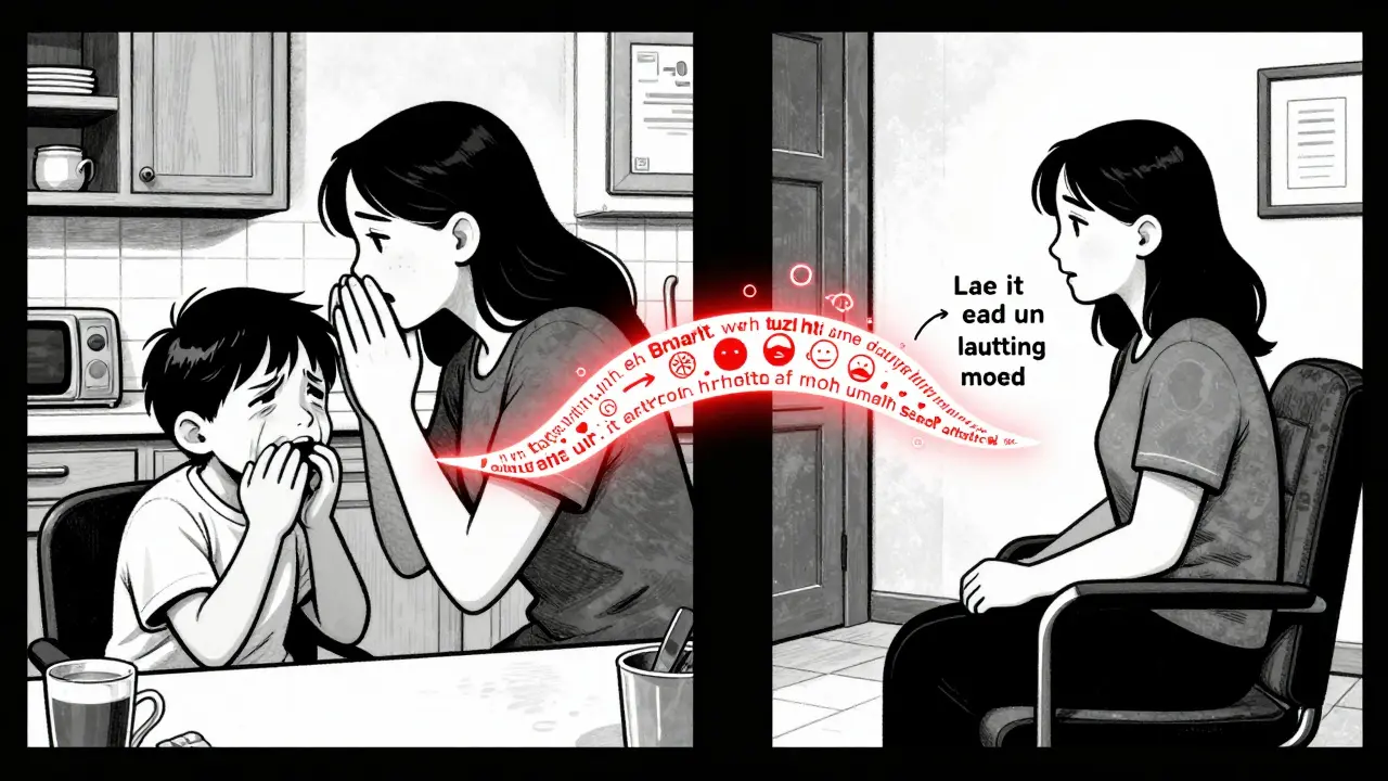 Dítě pláče v kuchyni, stejná osoba jako dospělý v terapii, spojené světelným mostem z emocí a slov.