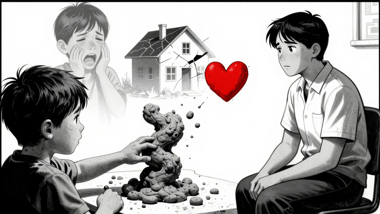 Dítě tvaruje hlínu, terapeut klidně pozoruje, z hlíny se objevují duševní obrazy.