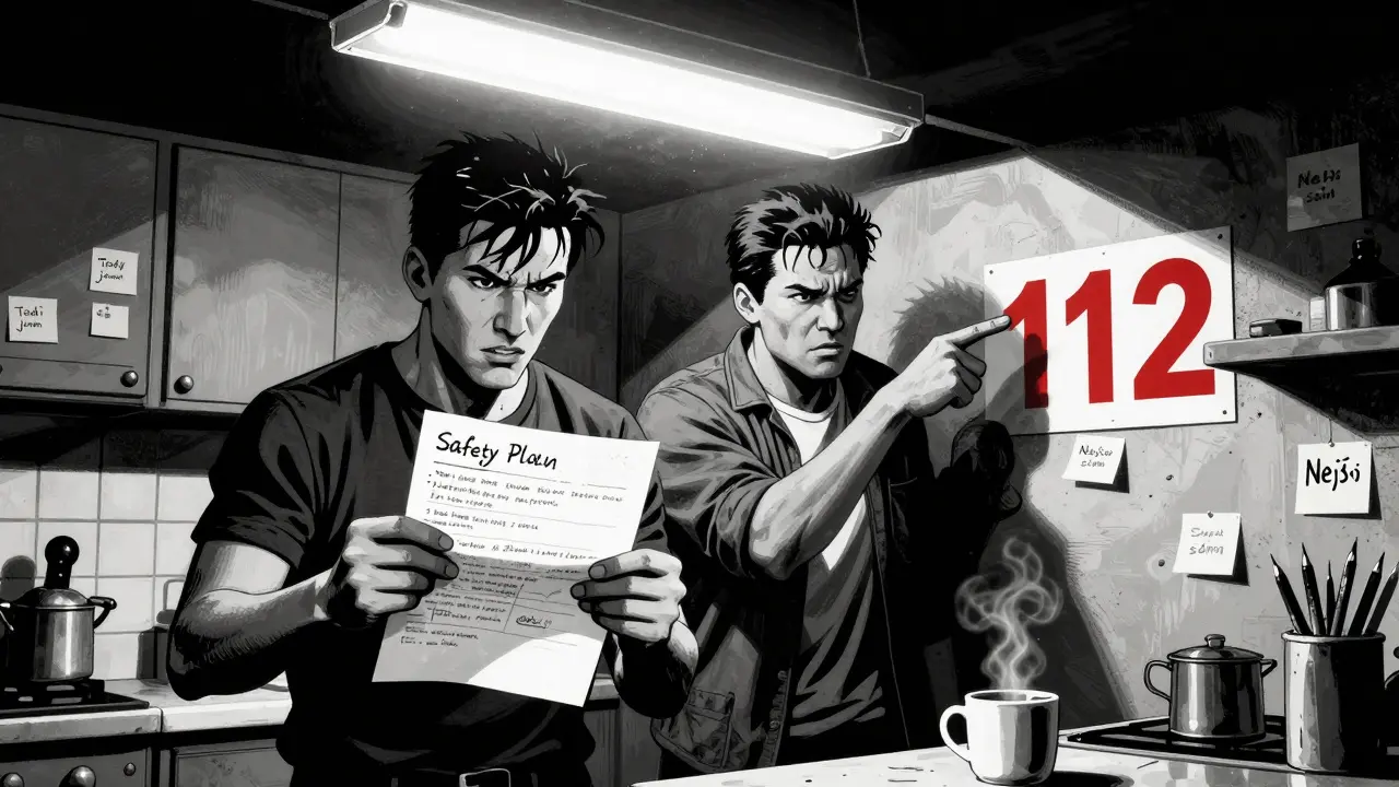 Dva lidé v kuchyni se dívají na seznam bezpečnostního plánu s čísly 112 a 116 123.