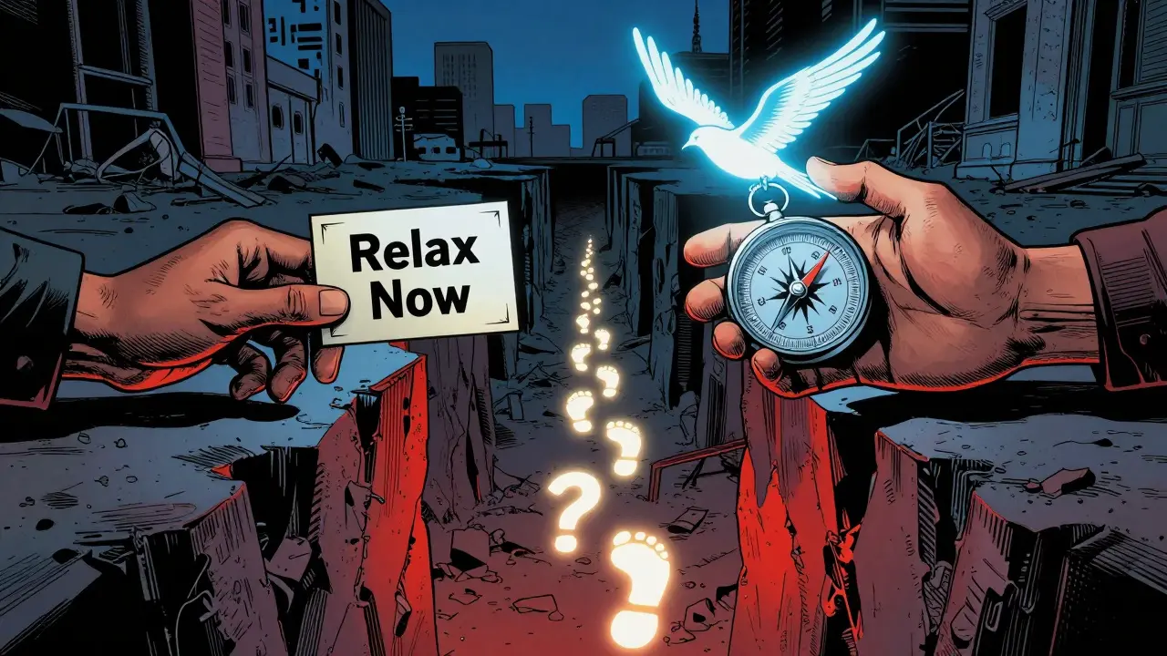 Dvě ruce se táhnou k sobě — jedna s příkazem, druhá s kompasem, mezi nimi cesta tvořená otázkami.