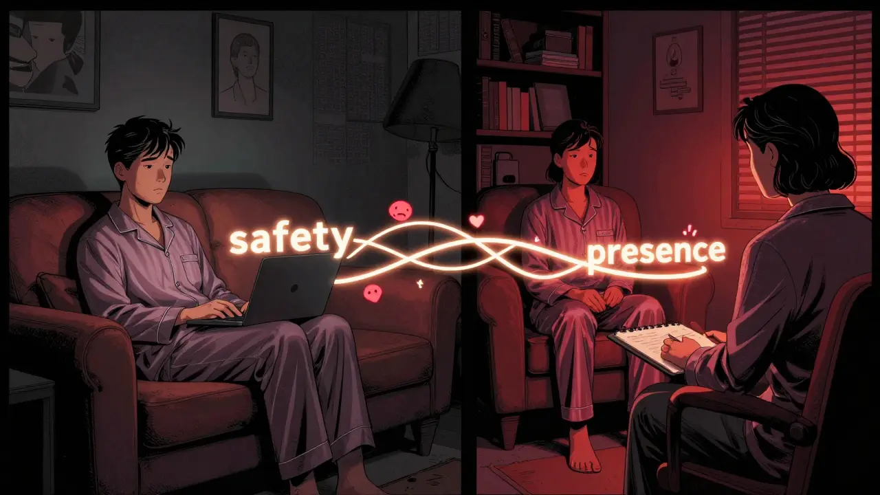 Dvě scény vedle sebe: online terapie doma a osobní terapie v kanceláři, spojené světelnými čárami.