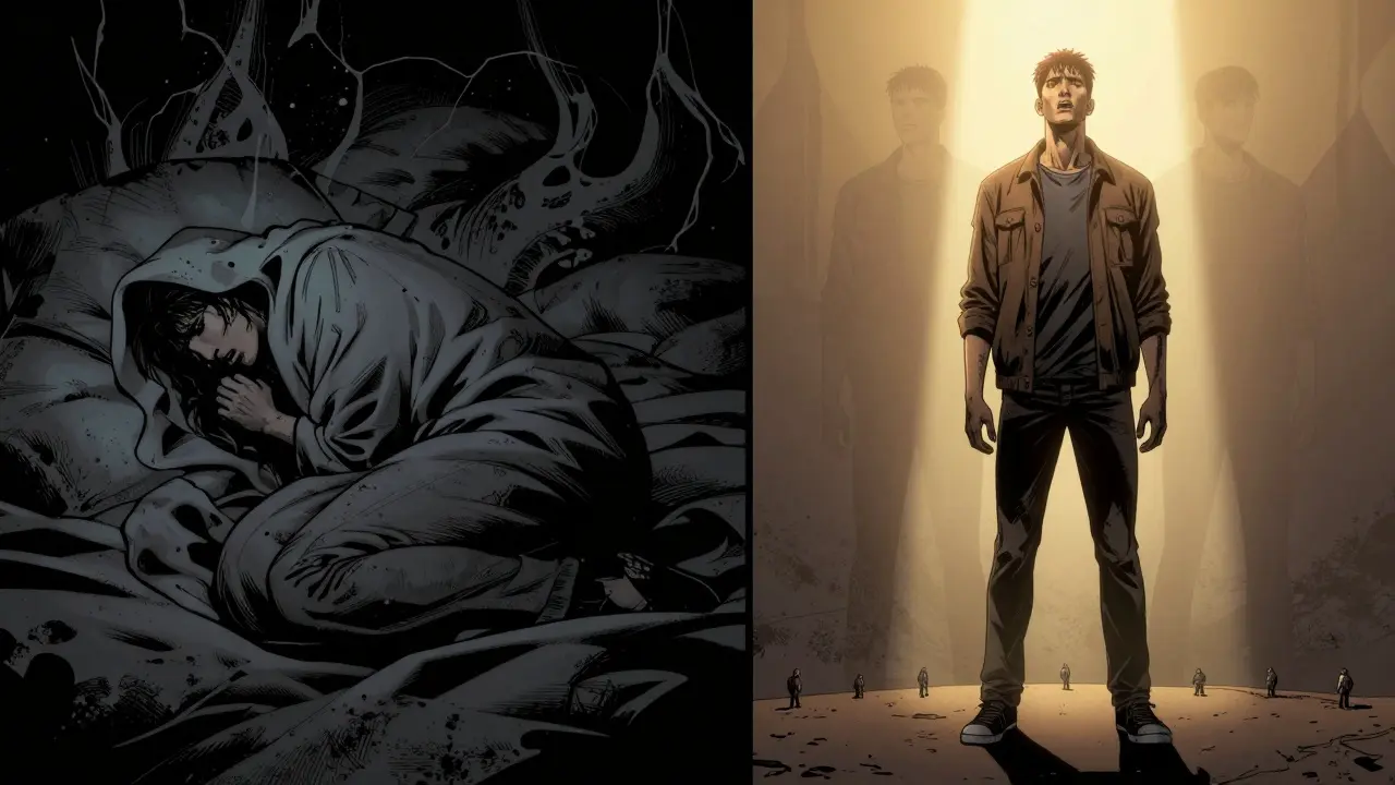 Dvoučelný obraz: strach v temnotě naproti obnově ve světle, symbolizující cestu k uzdravení.