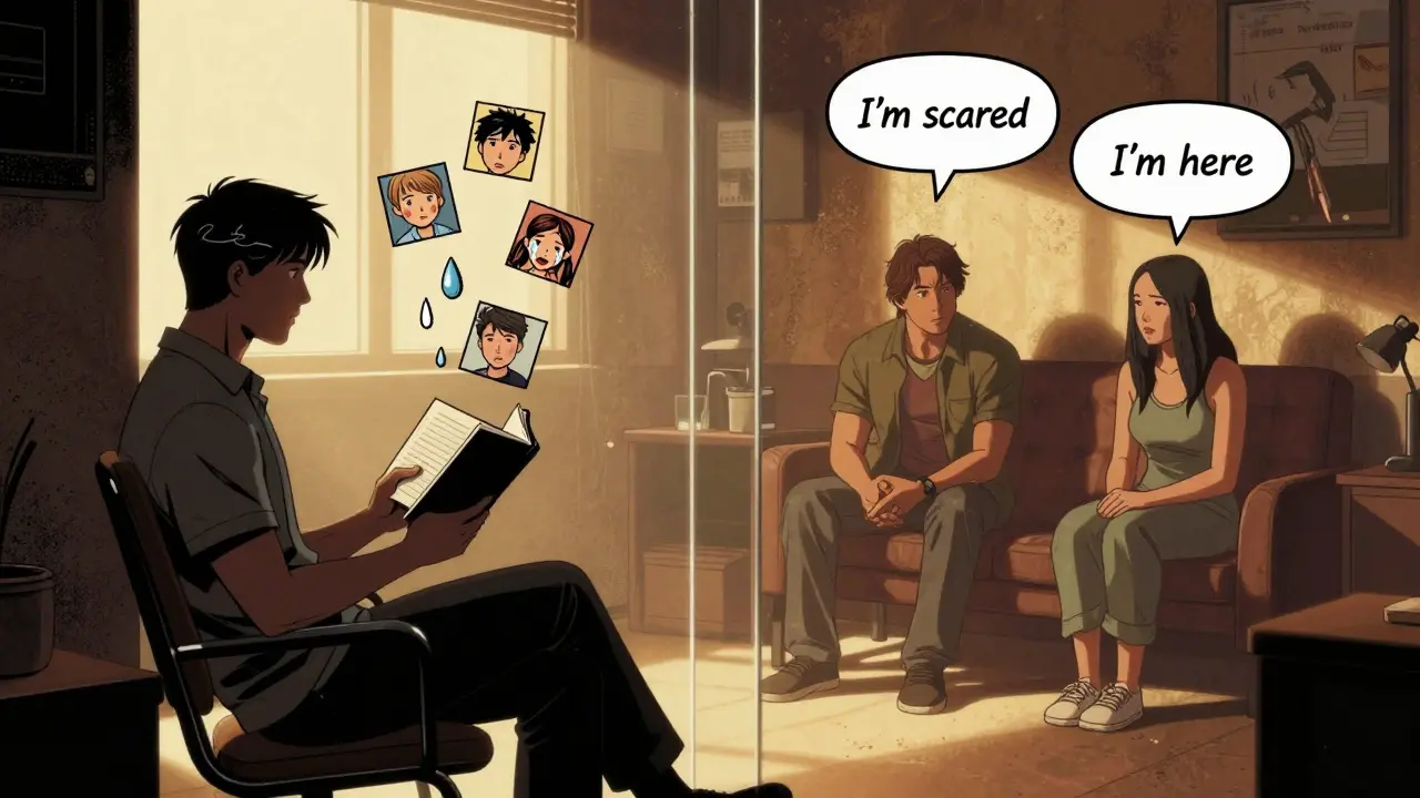 Jeden partner pracuje sám se sebou, zároveň spolu s druhým v připojeném prostoru, symbolizující hybridní terapii.