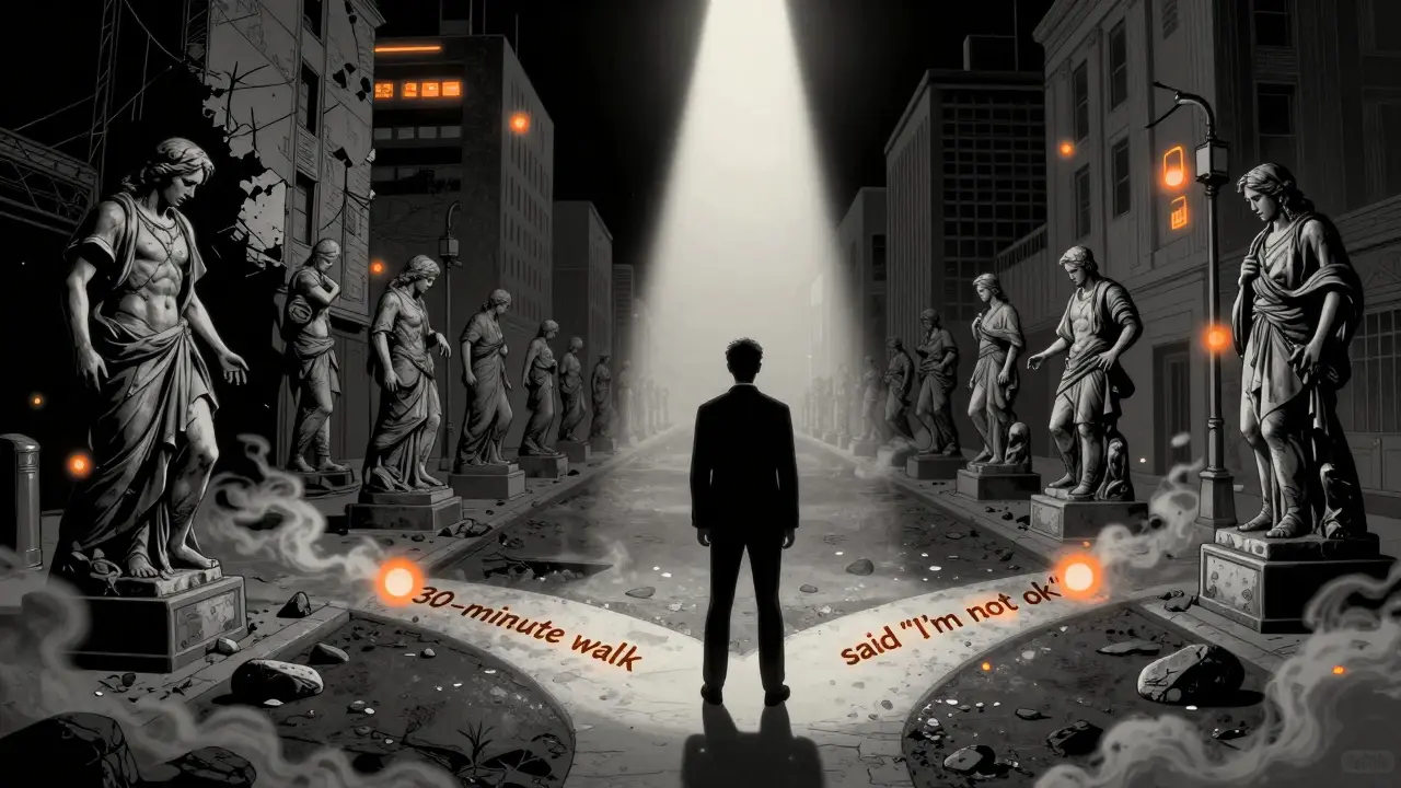 Klient na křižovatce mezi cestou selhání a cestou malých kroků, osvětlený jediným paprskem světla.