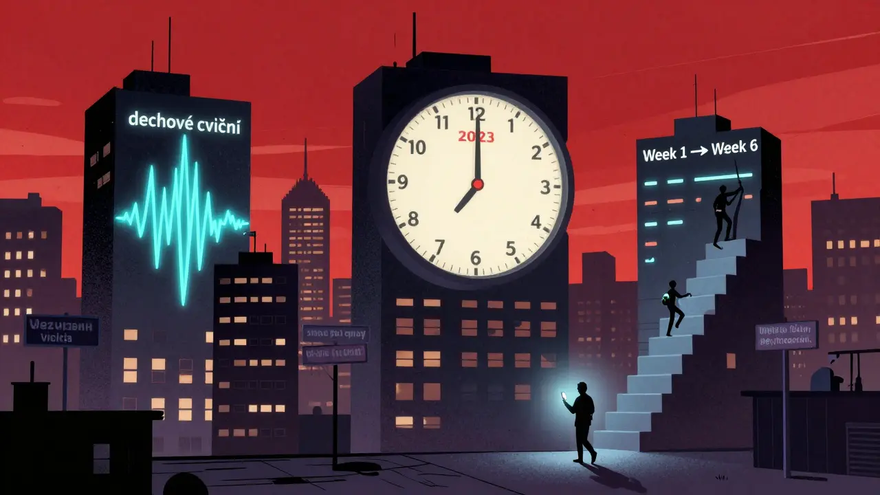 Městský krajina s budovami představujícími terapeutické nástroje, v úsvitu s českými náznaky.