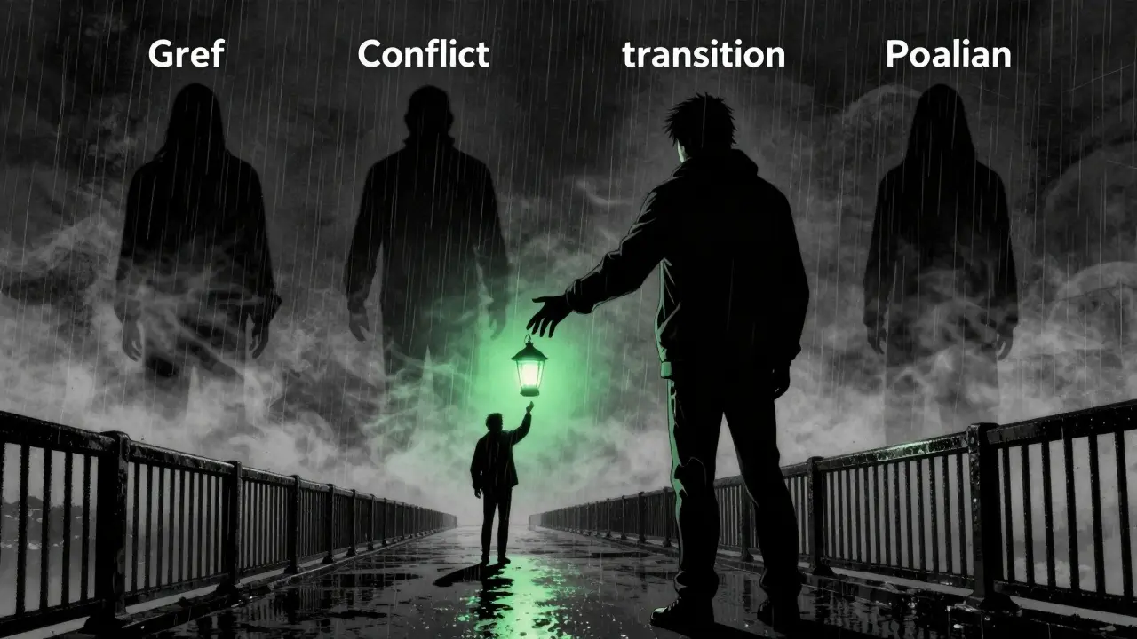 Muž na mostě táhne ruku k osvětlené lampionu, za ním se rozptylují stíny čtyř vztahových problémů.