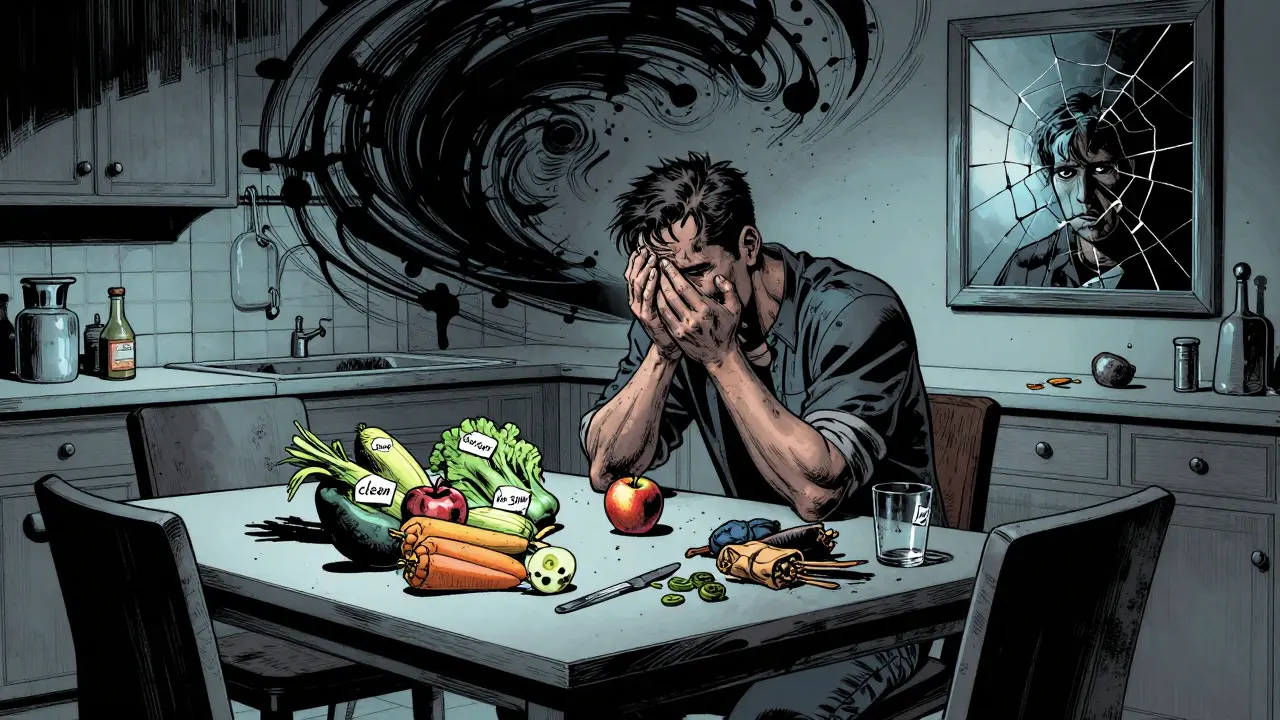 Muž sedí u stolu s organickými potravinami, oči prázdné, kolem něj se točí temný vír viny.