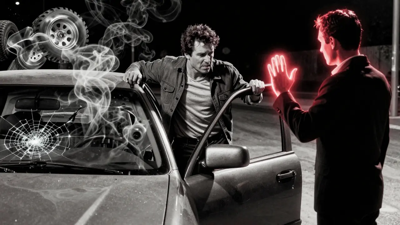 Muž vstupuje zpět do auta, zatímco představy nehody se vynořují kolem něj, terapeut ho sleduje zvenku.