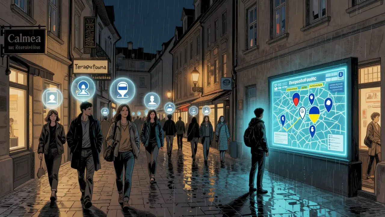 Noční Praha s plavajícími jazykovými ikonami nad hlavami lidí, terapeutické kanceláře na plakátech, jedna osoba hledá na mapě.