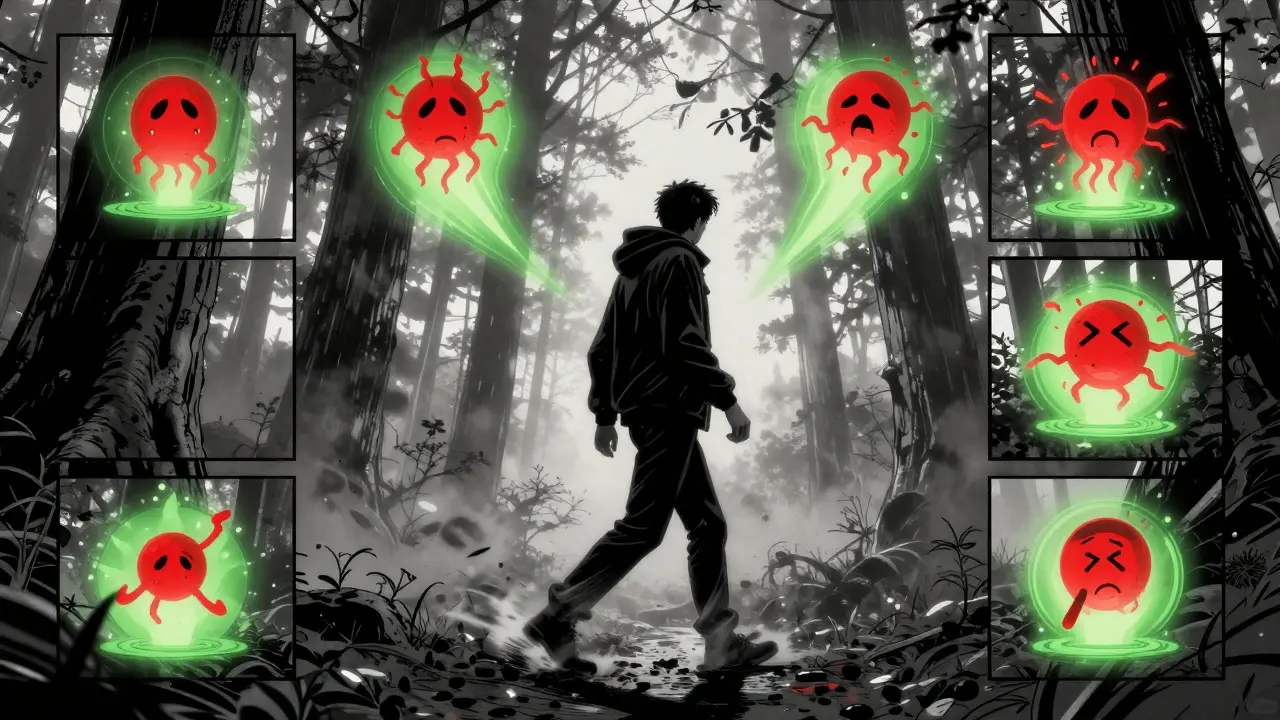 Osoba prochází lesem, kolem ní plavou ikony pěti smyslů, červené symboly úzkosti se mění v zelenou energii.
