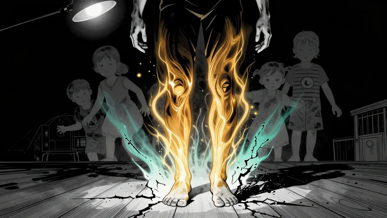 Osoba se třese, zlaté vlny energie se šíří po její páteři, staré trauma mizí.