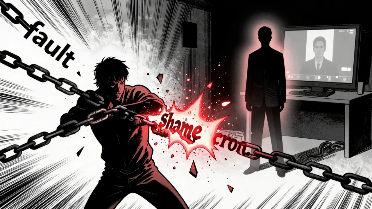 Osoba se uvolňuje od řetězů se slovy &#039;vina&#039; a &#039;styd&#039;, zatímco terapeut stojí v pozadí s teplým zářením.