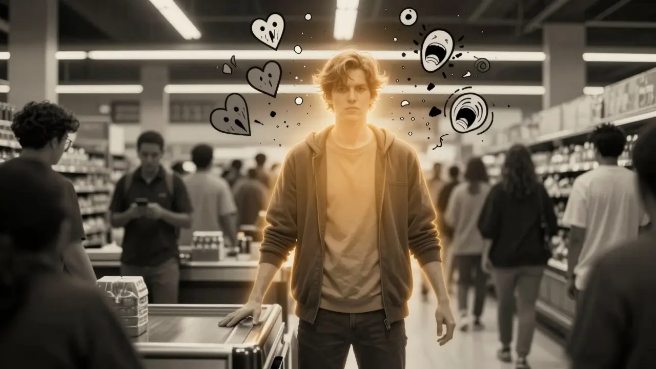 Osoba stojí klidně v supermarketu, panické symboly se rozpadají kolem ní, jemné zlaté světlo ji obklopuje.