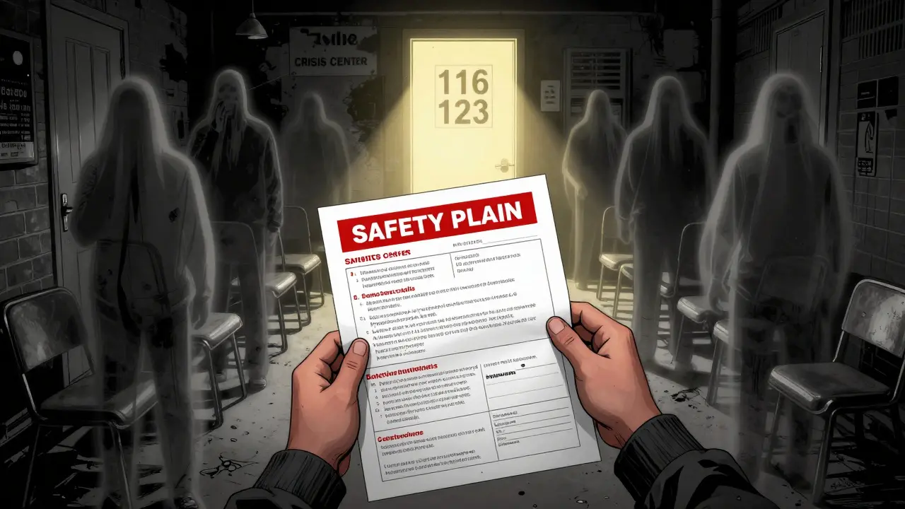 Osoba stojí u vchodu do krizového centra, v ruce má plán, před ní září světlo linky důvěry.