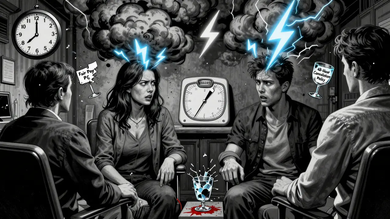 Párová terapie s emocionálními bouřemi a symboly nákladů v černobílém komiksovém stylu.