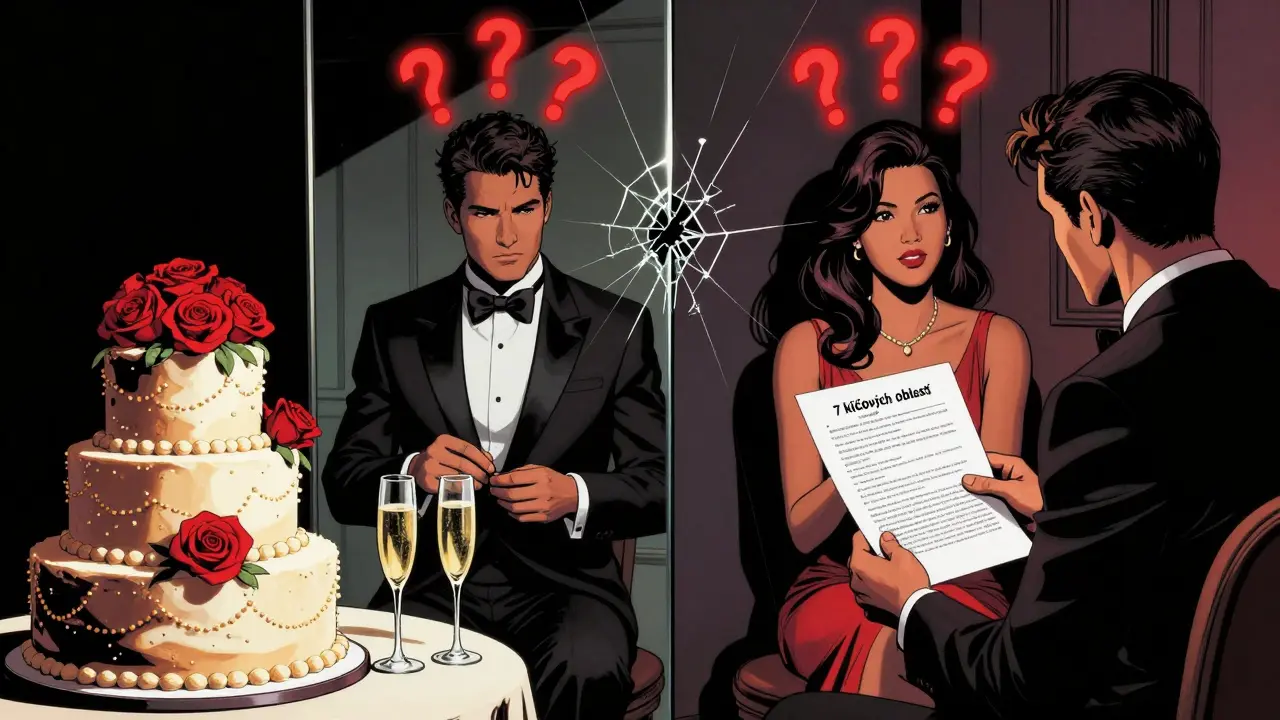 Rozdělený scénář: svatba na jedné straně, terapie na druhé, s rozbitým zrcadlem mezi nimi.