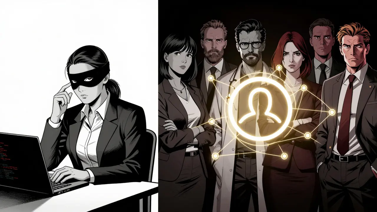 Rozdělený scénář: terapeut v kanceláři a profesionálové s obavami, spojení digitálními vlákny.