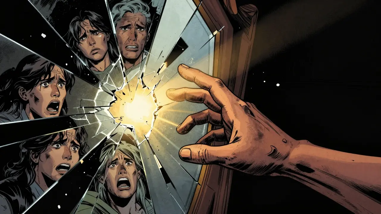 Ruce se dotýkají nad rozbitým zrcadlem, z něhož se vynořují emocionální obrazy, světlo proniká temnotou.