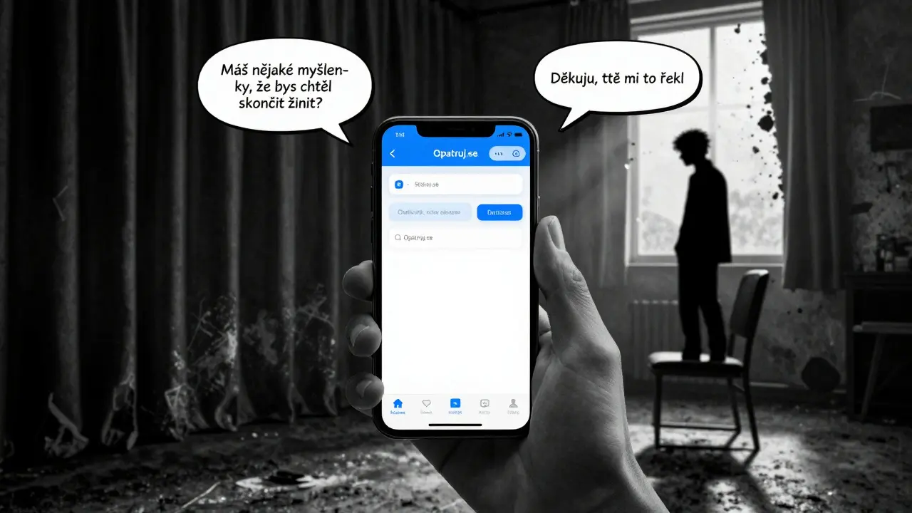 Ruka drží telefon s aplikací Opatruj.se, kolem ní letí fráze o podpoře a v pozadí se člověk pomalu zvedá.